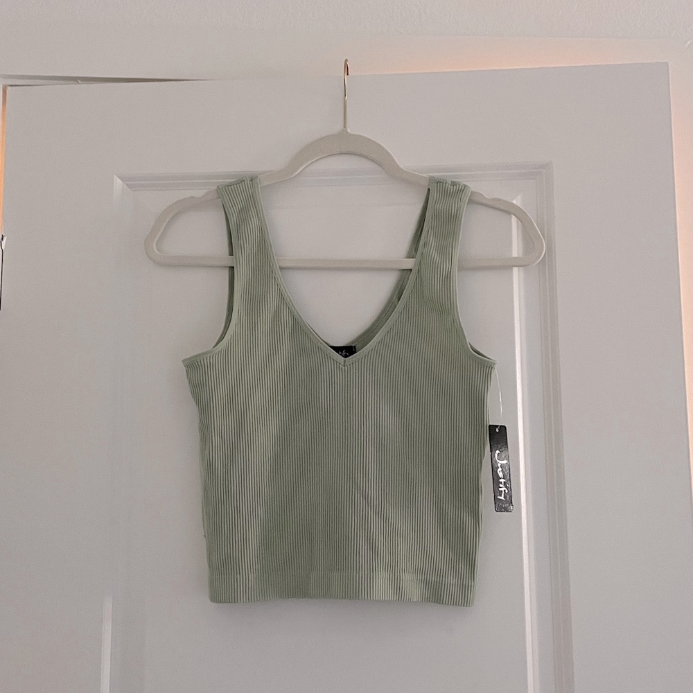 Ribbed Nylon Vneck Crop Tank Sage Green Sports Top Beach Athleisure